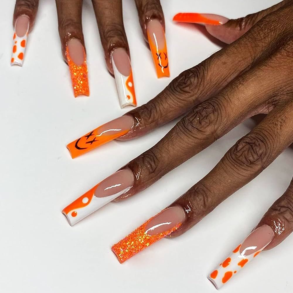 YOSOMK Long Press on Nails Orange Smile Fake Nails with Designs Glossy False Nails for Women Girl... | Amazon (US)