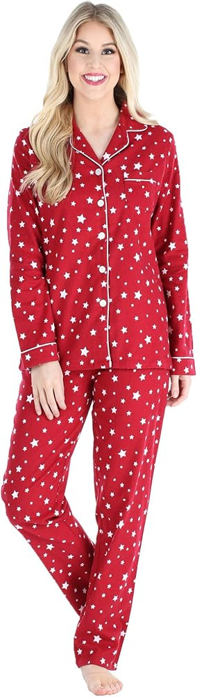 PajamaMania Women's Cotton Flannel Long Sleeve Button-Down Pajamas PJ Set | Amazon (US)