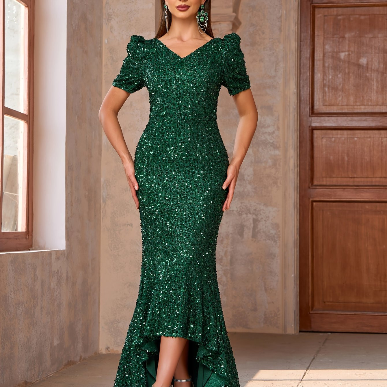 elegant sequin v neck bodycon dress lace detail stretchy - {region_name} | Temu Affiliate Program