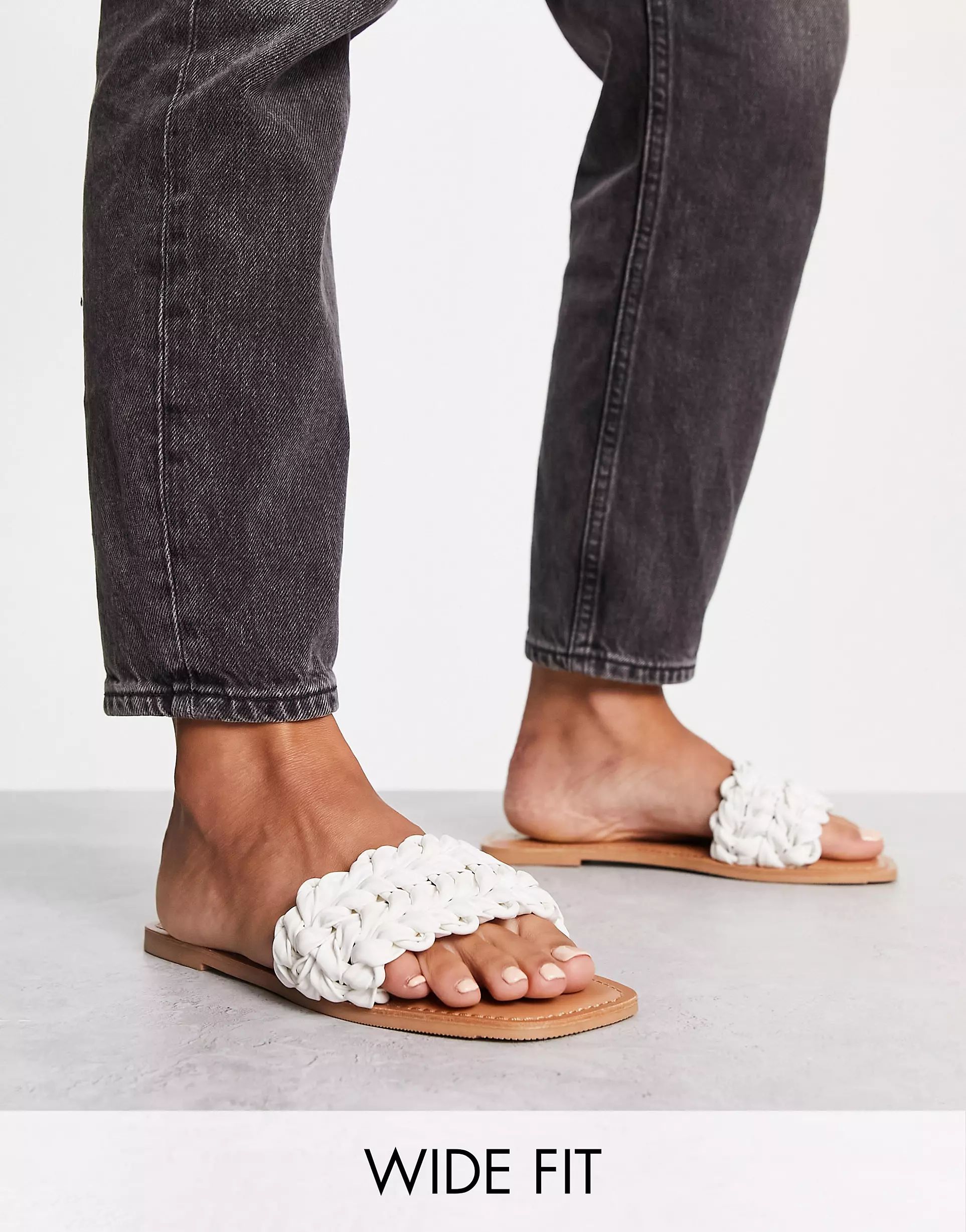 ASOS DESIGN Wide Fit Flora woven flat sandal in white | ASOS (Global)