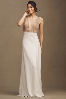 Costarellos Bianna Crystal V-Neck Column Wedding Gown | Anthropologie (US)