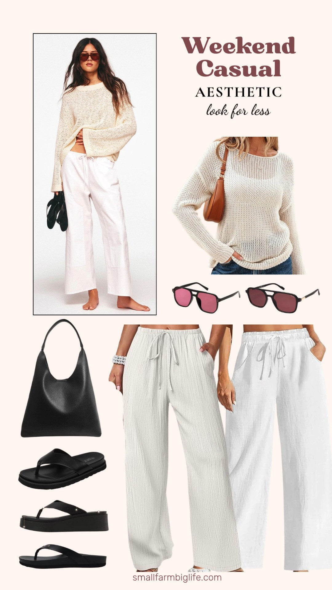 White wide leg linen pants are one of the most effortless summer outfit choices right now and this whole look comes together beautifully for so much less than you would expect. The palazzo and beach pant styles in white and off white are both so flowy and flattering, and the crochet hollow out crewneck sweater layered on top adds the perfect relaxed boho texture for a cooler summer morning or evening. The retro square and aviator sunglasses with rose and dark lenses are such a fun accessory detail, and the black vegan leather hobo bag pulls the whole look together. Finish it off with a chunky platform flip flop or wedge sandal and you have a complete weekend look that is comfortable and so on trend. Tap to shop! 

 #LTKgrwm #LTKootd #LTKOver40