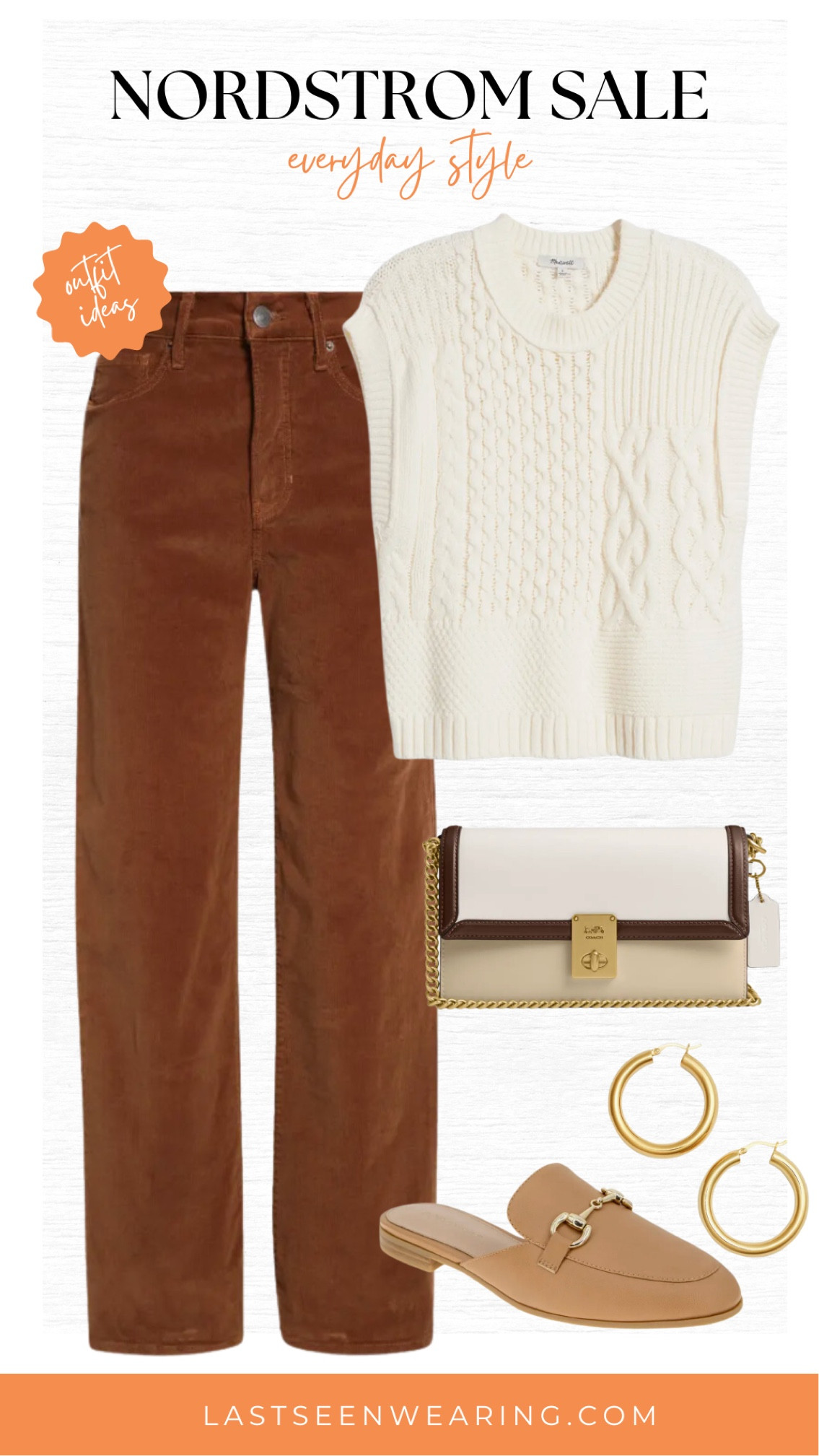 We’re loving this fall inspired outfit! These pretty straight leg corduroy pants from Veronica Beard are a great deal with the sale at $100 off!! We paired it with this cream sweater vest from Madewell. Madewell has been a huge top selling brand during this year’s sale and we’re loving all of the pieces! We also found this pretty white and brown Coach bag with a gold chain and tan shoes from BCBGeneration.

#LTKxNSale #LTKStyleTip #LTKSummerSales