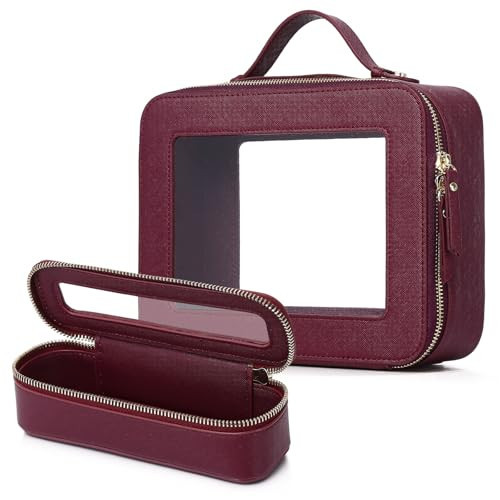 LOFOWN Clear Travel Makeup Bag with Brush Bag Portable Transparent Cosmetic Bag and Toiletry Bag Waterproof Clear Makeup Bag with Zipper Car Bag for Women (Burgundy, L+Slim) | Amazon (US)