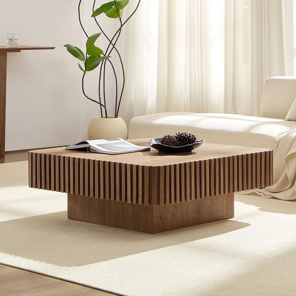 35.43''Walnut Coffee Table Modern Handcraft Drum Wooden Solid Wood Veneer Tea Table for for Livin... | Amazon (US)