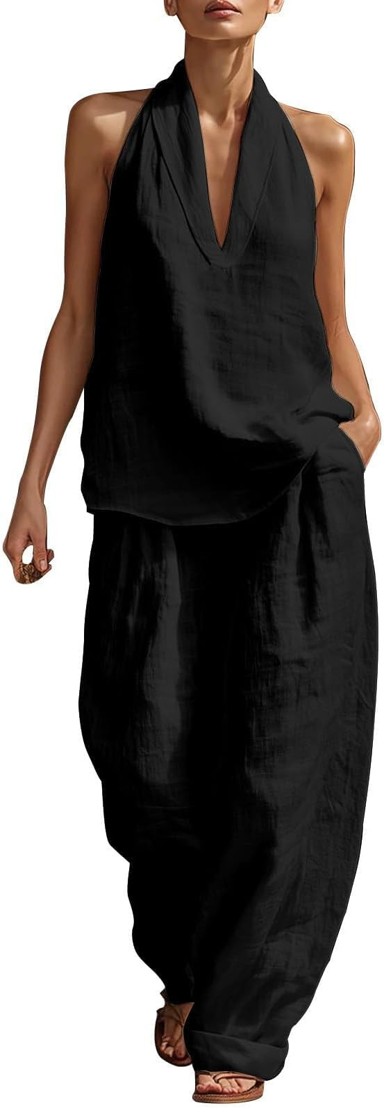 Women's Faux Linen V-Neck Sleeveless Halter Top and Wide-Leg Pants Set Casual Minimalist Matching... | Amazon (US)