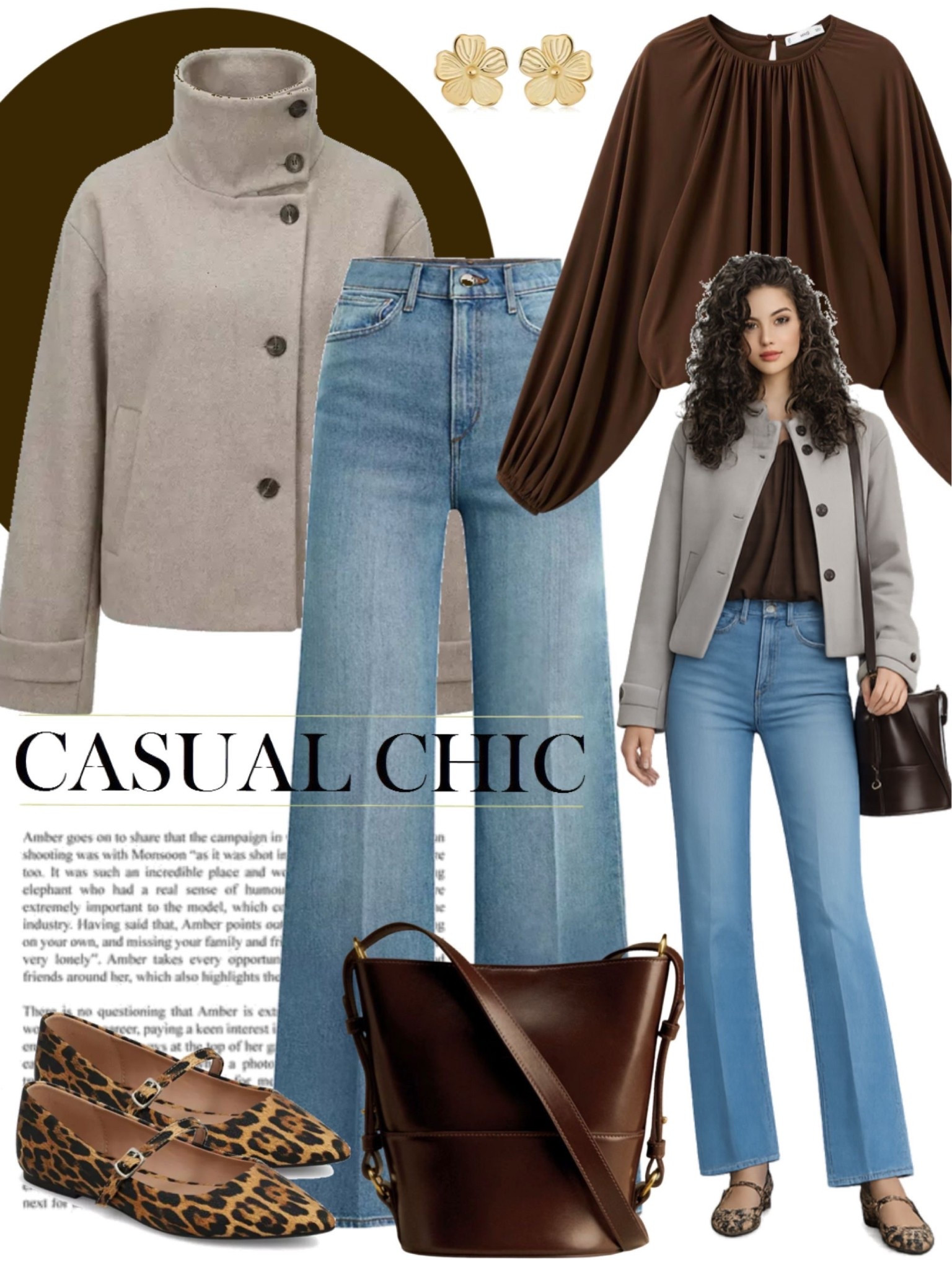 Flowy brown blouse with light wash straight leg jeans and a soft beige jacket layered on top. Finished with leopard print flats, a brown crossbody bag, and gold earrings.
#effortlesschic #springstyleideas #dailyoutfits

#LTKOver40 #LTKootd #LTKSeasonal