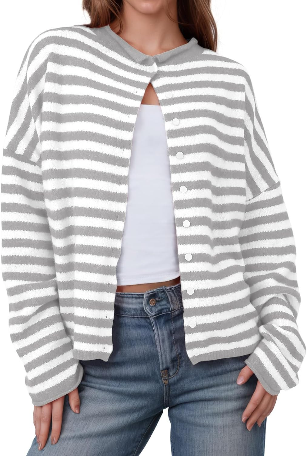 Saodimallsu Womens Striped Cardigan Long Sleeve Button Down Knit Tops | Amazon (US)