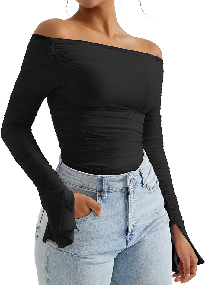 OMKAGI Women Long Sleeve Tops Boat Neck Off Shoulder Shirts Fitted Going Out Y2K Crop Top | Amazon (US)