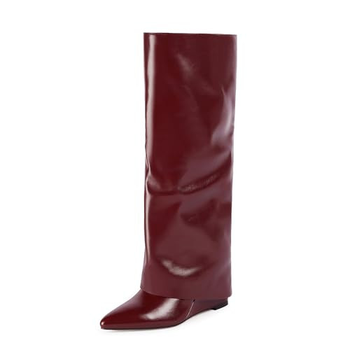 Modatope Burgundy Slouchy Fold Over Knee High Boots for Women 2025 Pointed Wedge Heeled Fall Tall Boots Shark Long Boots Y2K Size 7.5 | Amazon (US)