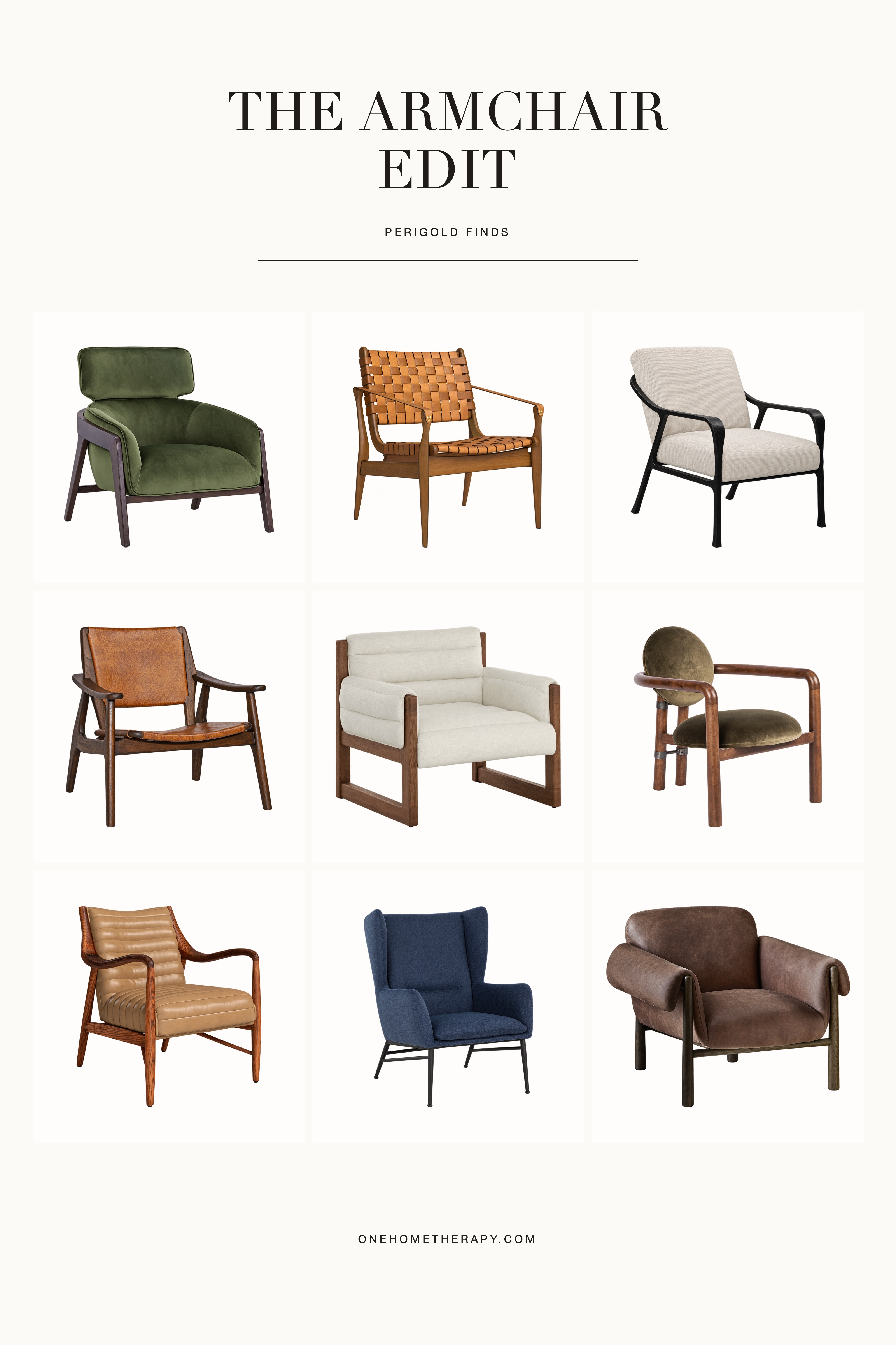 A seat with personality. Nine Perigold armchairs with sculptural shapes, warm wood tones, and a beautiful mix of ivory, olive, cognac, and blue. Which one…