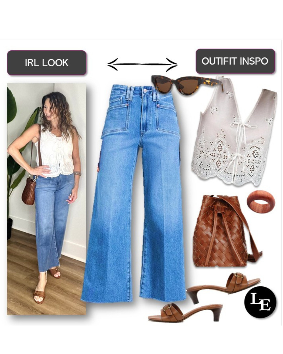 Summer outfit formula for those days when you are feeling uninspired:  light-weight denim wide leg jeans and a summery eyelet blouse paired with of the moment brown accessories!!!  Elegant and easy! 

 #LTKSeasonal #LTKOver40 #LTKStyleTip