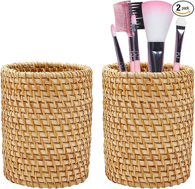 2 Pack Rattan Pencil Holder for Desk Handmade Pen Organizer Bucket Boho Desk Accessories Pen Cup ... | Amazon (US)