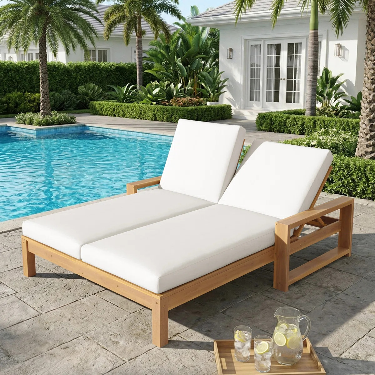 Outdoor Double Acacia Wood Lounge Chair with Adjustable Backrests & Cushions for Patio, Poolside,... | Wayfair North America