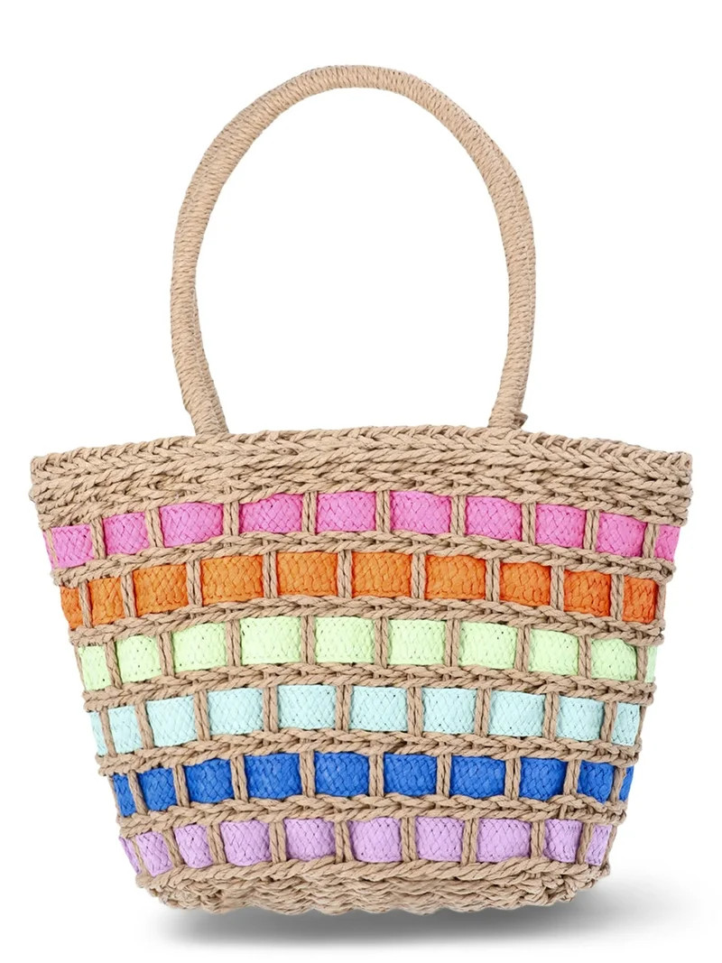 No Boundaries Festival Straw Top Handle Bag, Natural/Rainbow, Women's | Walmart (US)