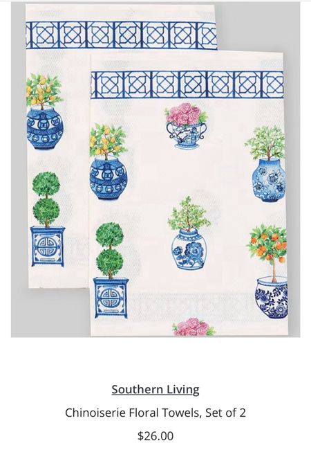 Dillard's Exclusive
From Southern Living, this towel set features: 
Set includes 2 towels
Cotton
Chinoiserie Floral pattern
Machine wash warm gentle cycle, only non-chlorine bleach when needed, tumble dry low, warm iron if needed
Measures approx.: 20" x 30"


#LTKfindsunder50 #LTKhome #LTKfindsunder100