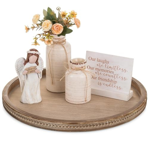 Hanobe Large Round Decorative Tray: Farmhouse Neutral Coffee Table Decor Wood Beaded Trays Vintage Ottoman for Home Counter Living Room | Amazon (US)