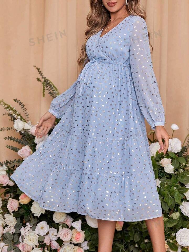 SHEIN Maternity Blue V-neck Lantern Sleeve Dress | SHEIN