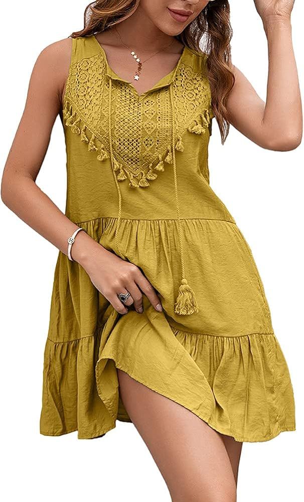 Women Summer Casual Dress Sleeveless Tie V Neck Tassel Lace Crochet Swing Sundress | Amazon (US)