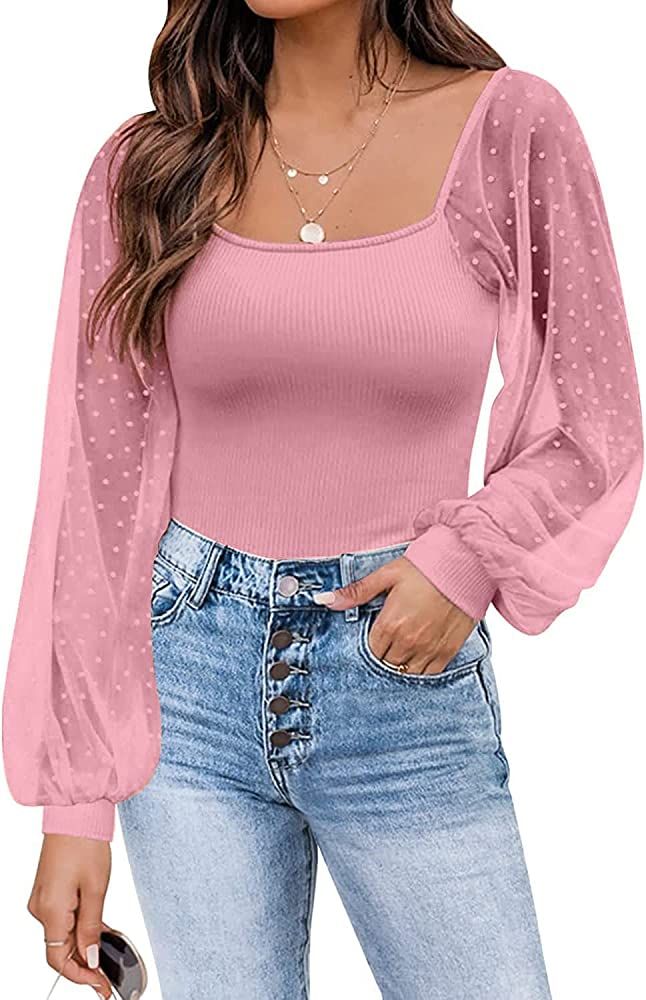 Lynwitkui Womens Mesh Long Sleeve Shirt Square Neck Ribbed Swiss Dot Slim Fit Casual Blouse Tops | Amazon (US)