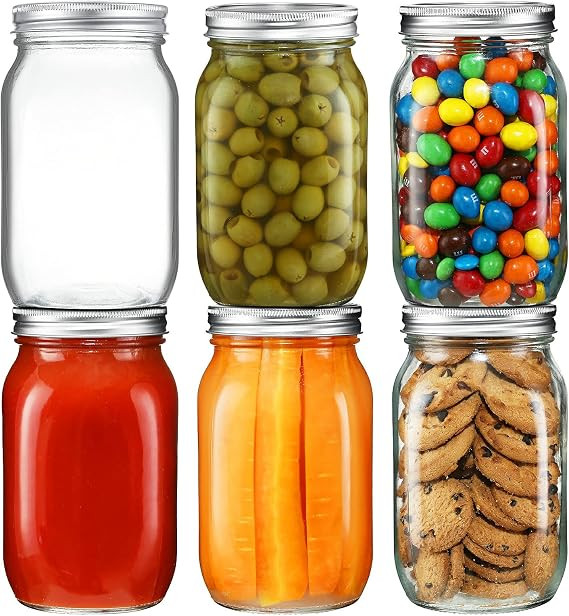 YEBODA 6 Pack Wide Mouth Mason Jars 32oz Glass Canning Jars with Airtight Lids and Bands for Pres... | Amazon (US)