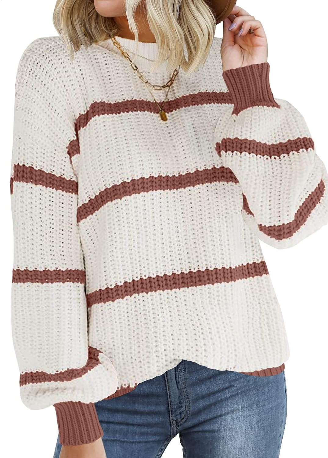 DOROSE Womens Sweater Long Sleeve Striped Color Block Loose Knit Pullover Sweaters Tops | Amazon (US)