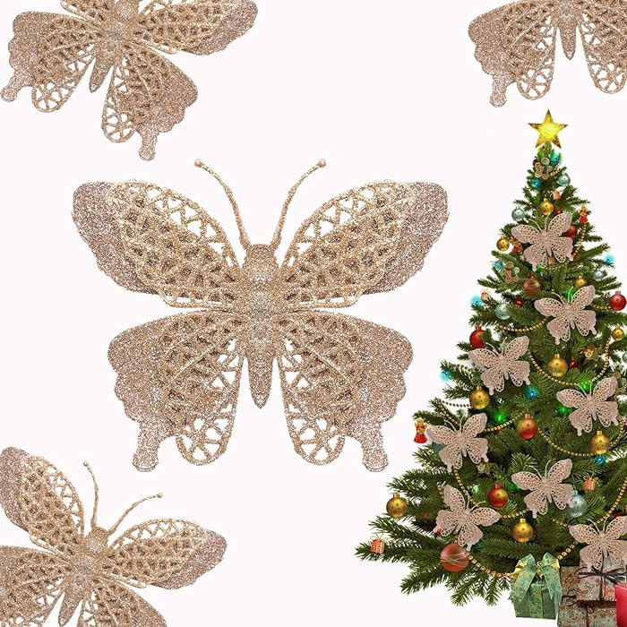 15 PCS Glitter Christmas Tree Butterfly Ornaments, Hollow Butterfly Christmas Decorations with Cl... | Amazon (US)
