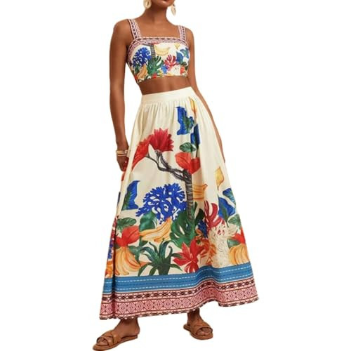 REASERAL Womens Printed Skirt Outfits Floral Halter Crop Top A Line Maxi Skirt Casual Going Out Sets Red Blue | Amazon (US)