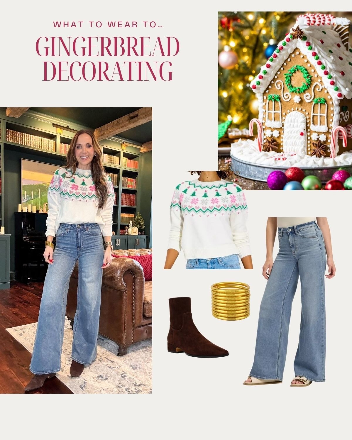 Gingerbread Decorating outfit 
Size small @target sweater 
I sized up to a 6 in these @target pants 

#LTKootd #LTKHoliday