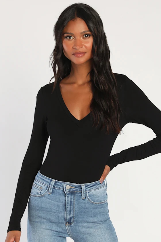 Clean Look Black V-Neck Long Sleeve Bodysuit | Lulus