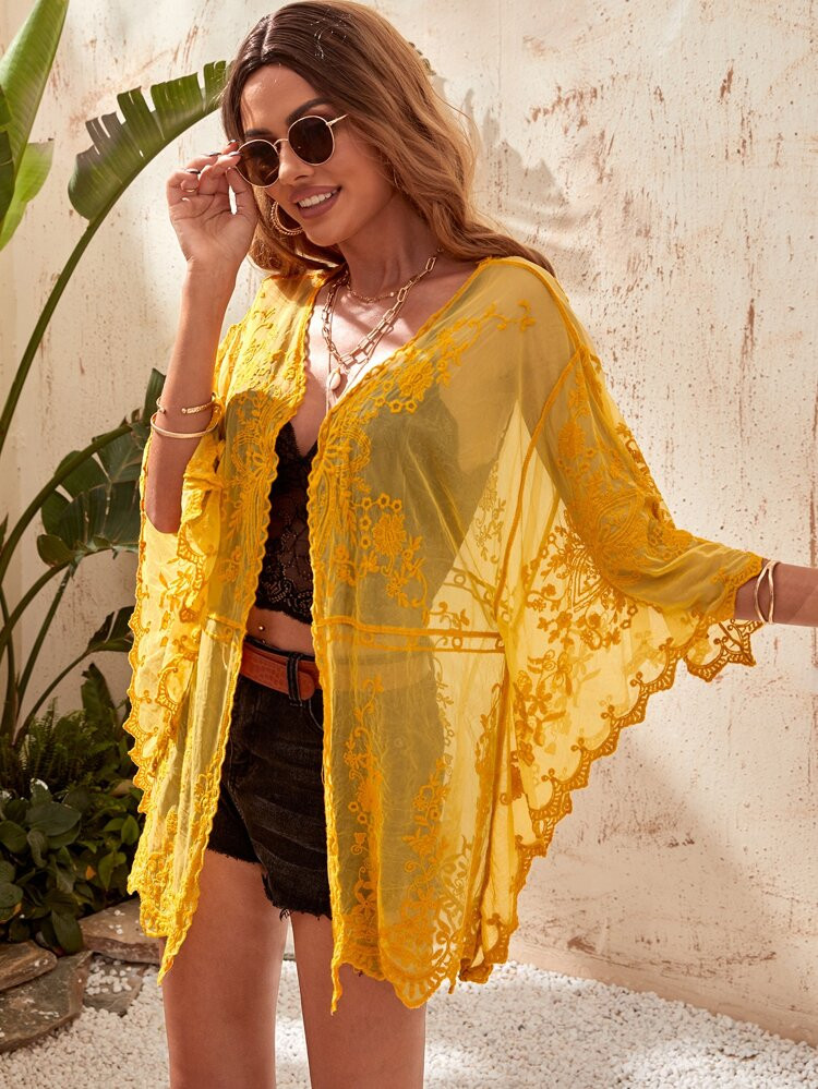 Embroidered Mesh Scallop Trim Kimono | SHEIN