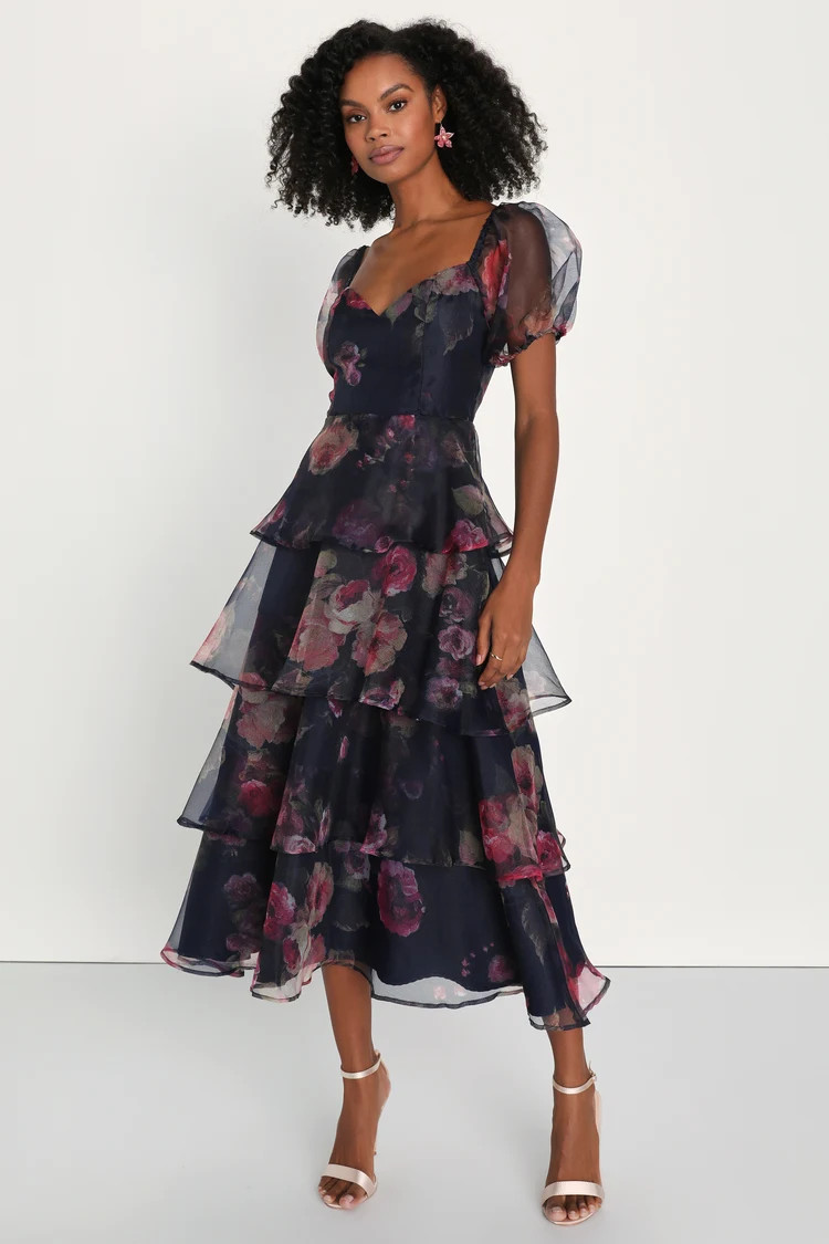 Oh-So Stunning Navy Blue Floral Organza Tiered Midi Dress | Lulus