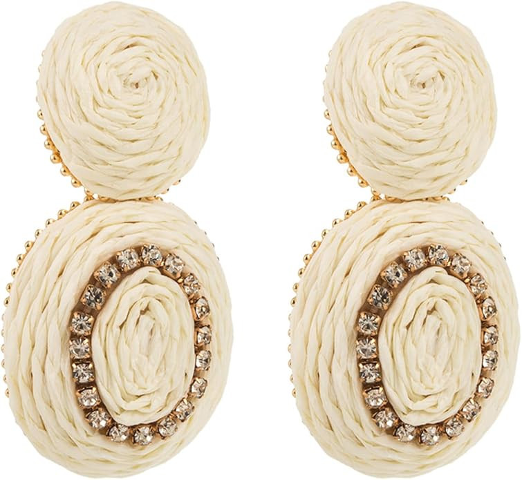 Handmade Boho Raffia Earrings for Women Trendy Raffia Statement Earrings Rattan Diamond Wedding E... | Amazon (US)