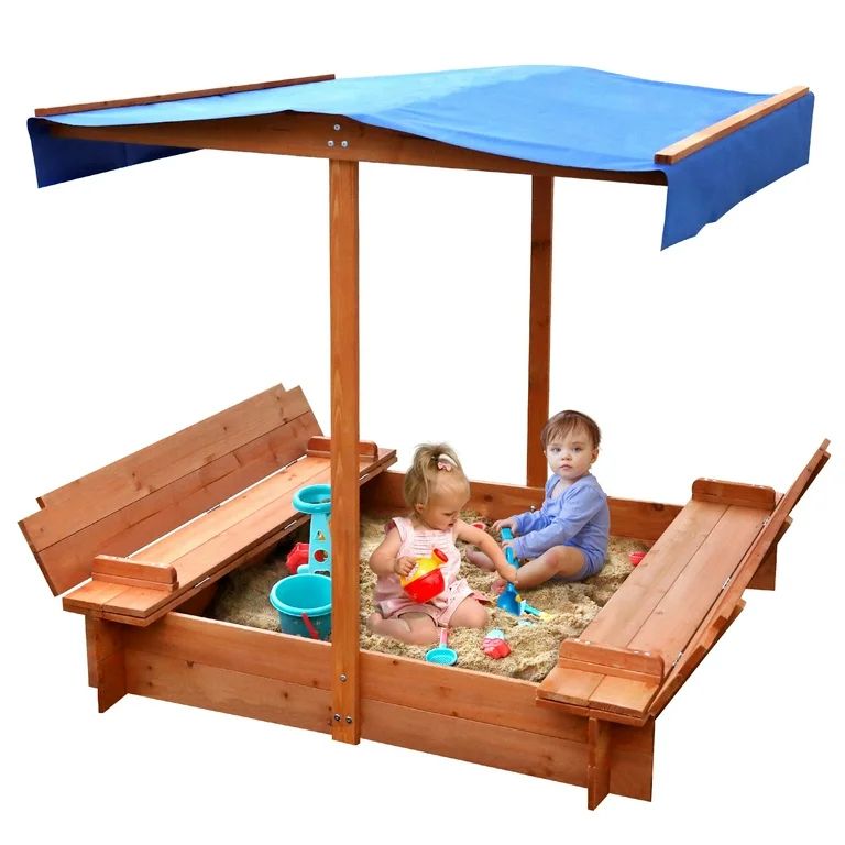 FUNTOK Wooden Sandbox with Cover, 48x48"Sand Boxes for Kids w/ 2 Foldable Bench Seats & UV-Resist... | Walmart (US)