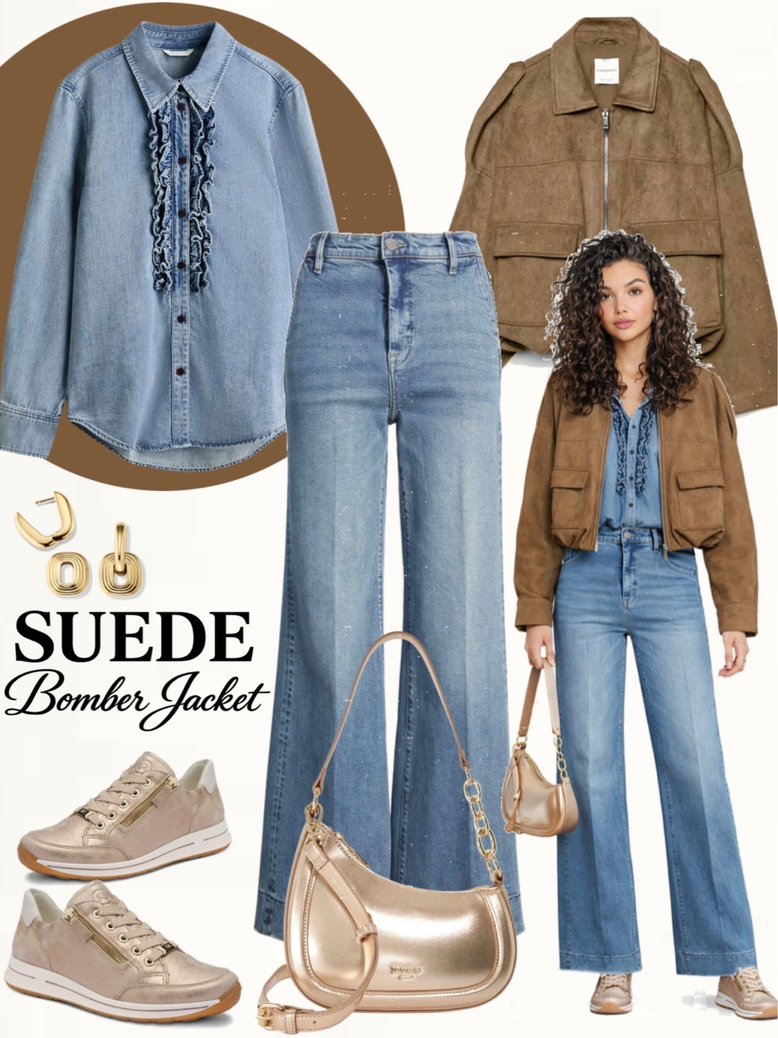 Light wash denim ruffle blouse styled with high-waisted straight leg blue jeans and a camel suede bomber jacket. Finished with gold sneakers, a metallic gold shoulder bag, and gold hoop earrings.
#denimlook #casualchic #springstyle

#LTKOver40 #LTKootd #LTKSeasonal