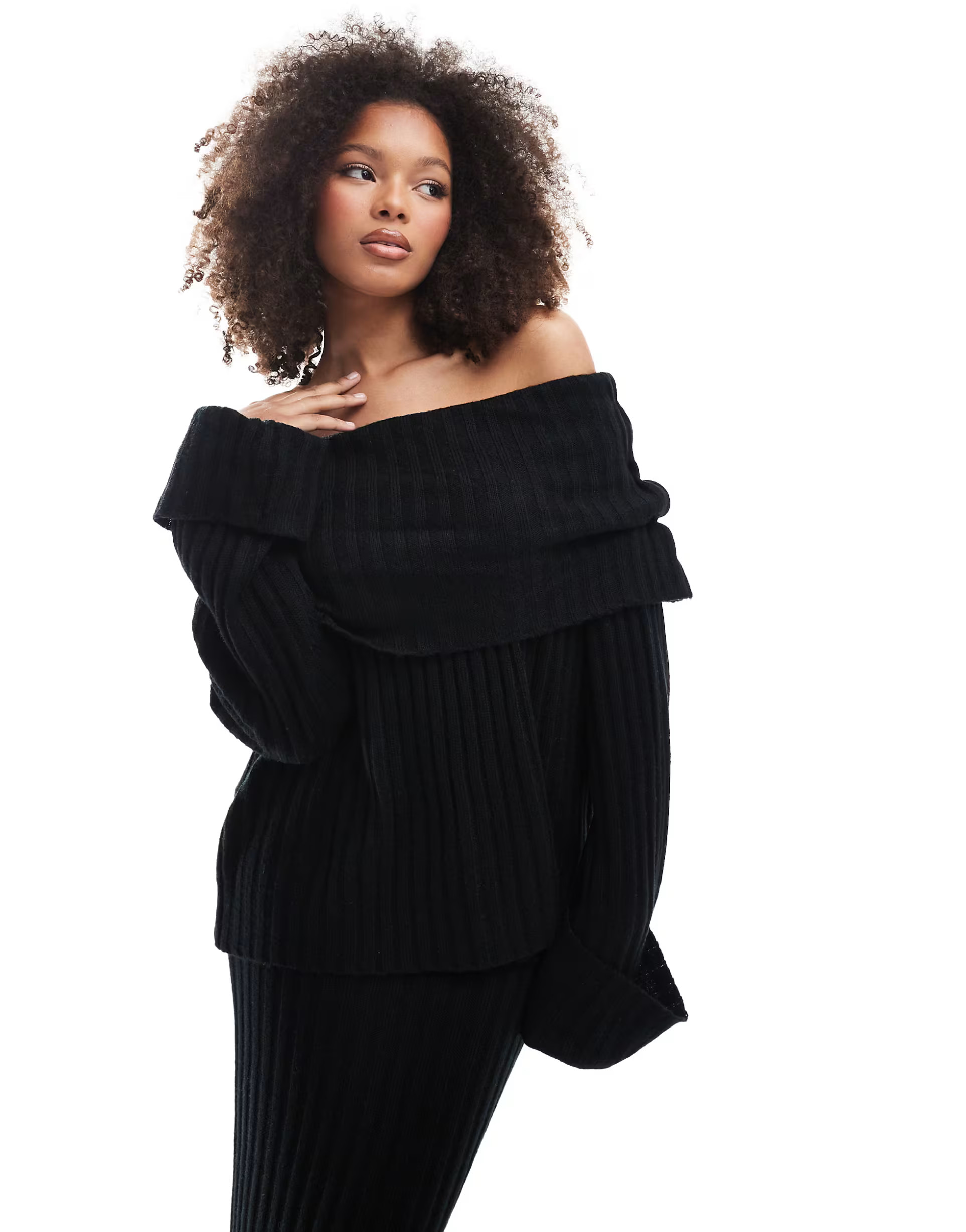 SNDYS rib knit foldover bardot jumper and maxi skirt co-ord in black | ASOS (Global)