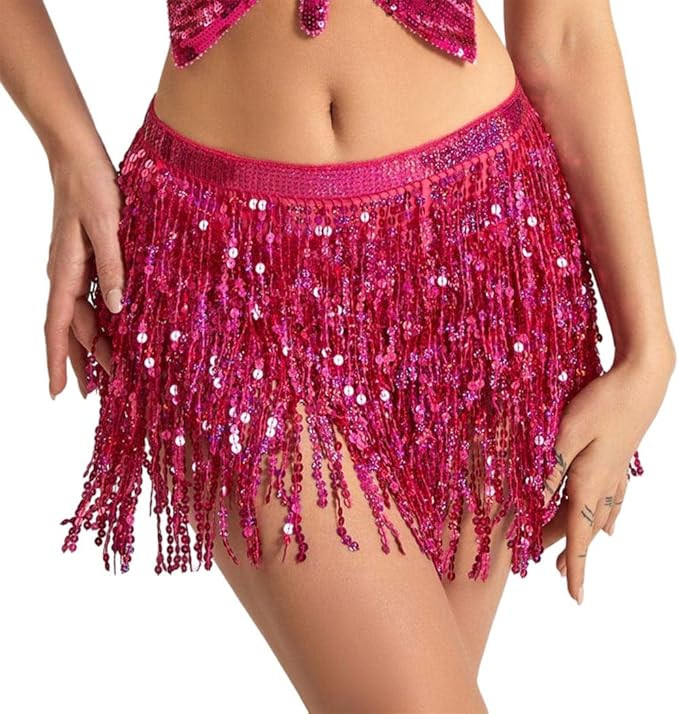 Kakaco Women Belly Dance Skirt Sequin Fringe Skirts Sparkly Hip Scarf Skirt Fashion Party Skirt C... | Amazon (US)