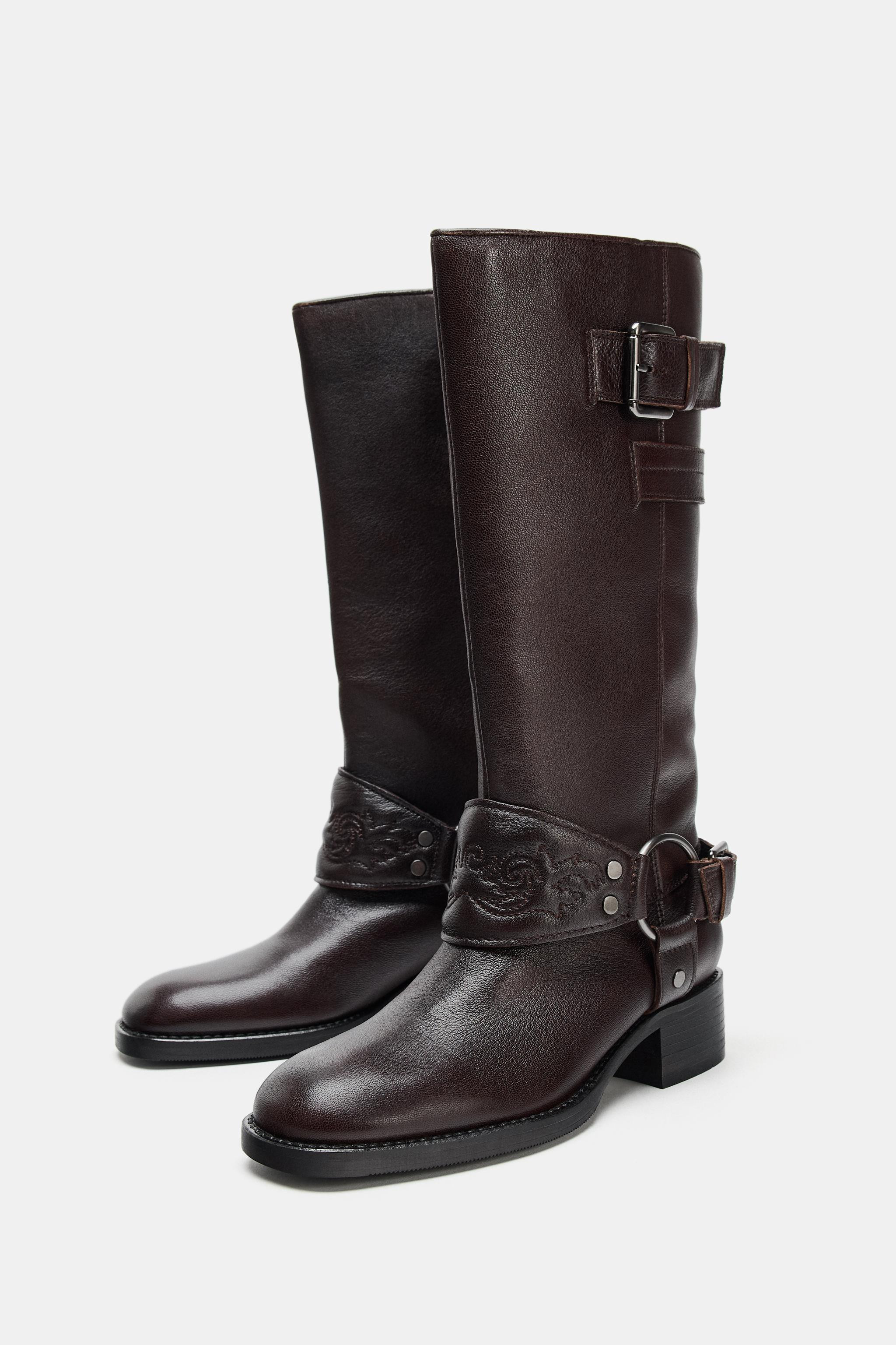 LEATHER EMBROIDERED FLAT BOOTS | Zara US