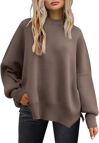 LILLUSORY Women's Crewneck Batwing Long Sleeve Sweaters 2024 Fall Oversized Ribbed Knit Side Slit... | Amazon (US)