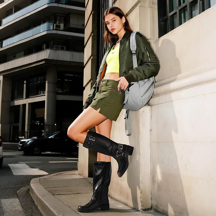 DREAM PAIRS Women's Knee High Boots Side Zipper Motorcycle Boots Square Toe Chunky Low Heel Fashi... | Amazon (US)