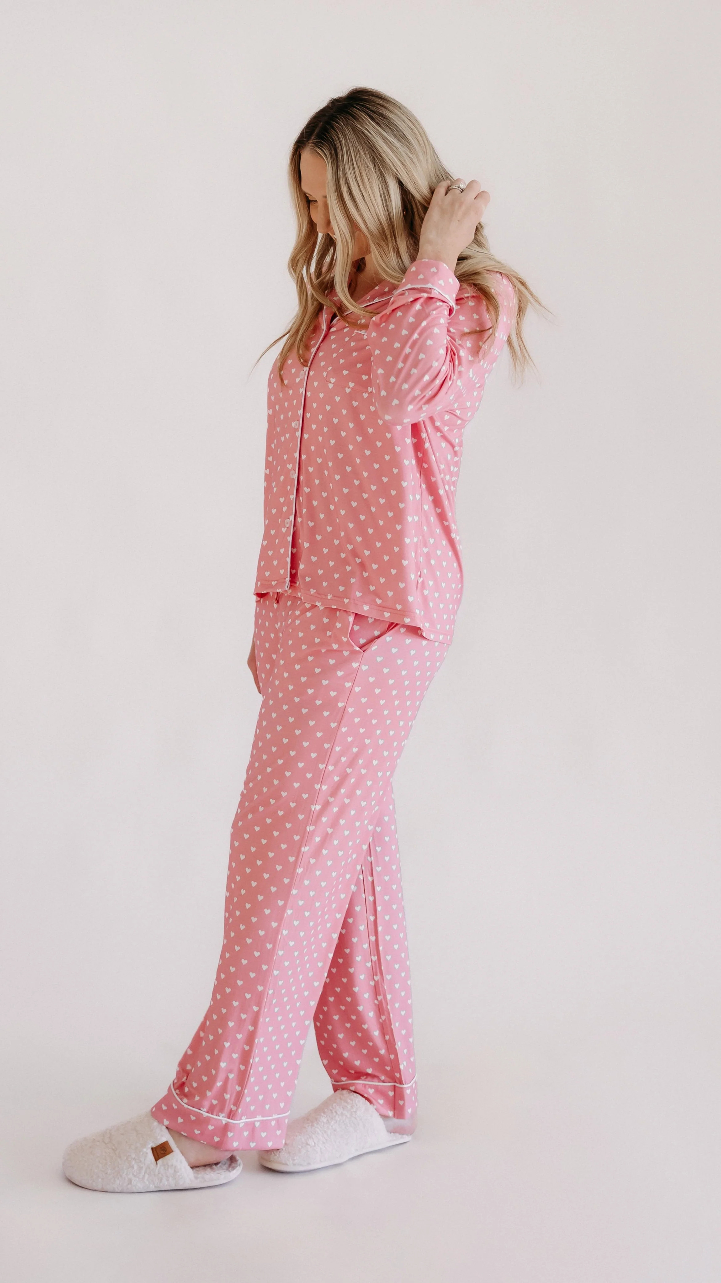 Womens Button Up Set In Pink Hearts | Silks Design