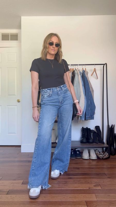 Spring outfit. Spring outfit idea. Summer outfit. Summer outfit idea. Basic tee. Fitted tee. Wide leg jeans. Baggy jeans. 90’s jeans. Clogs. Basic mom outfit. Casual outfit idea. Casual outfit. Everyday outfit. Mom outfit. 

#LTKfindsunder50 #LTKfindsunder100 #LTKSeasonal