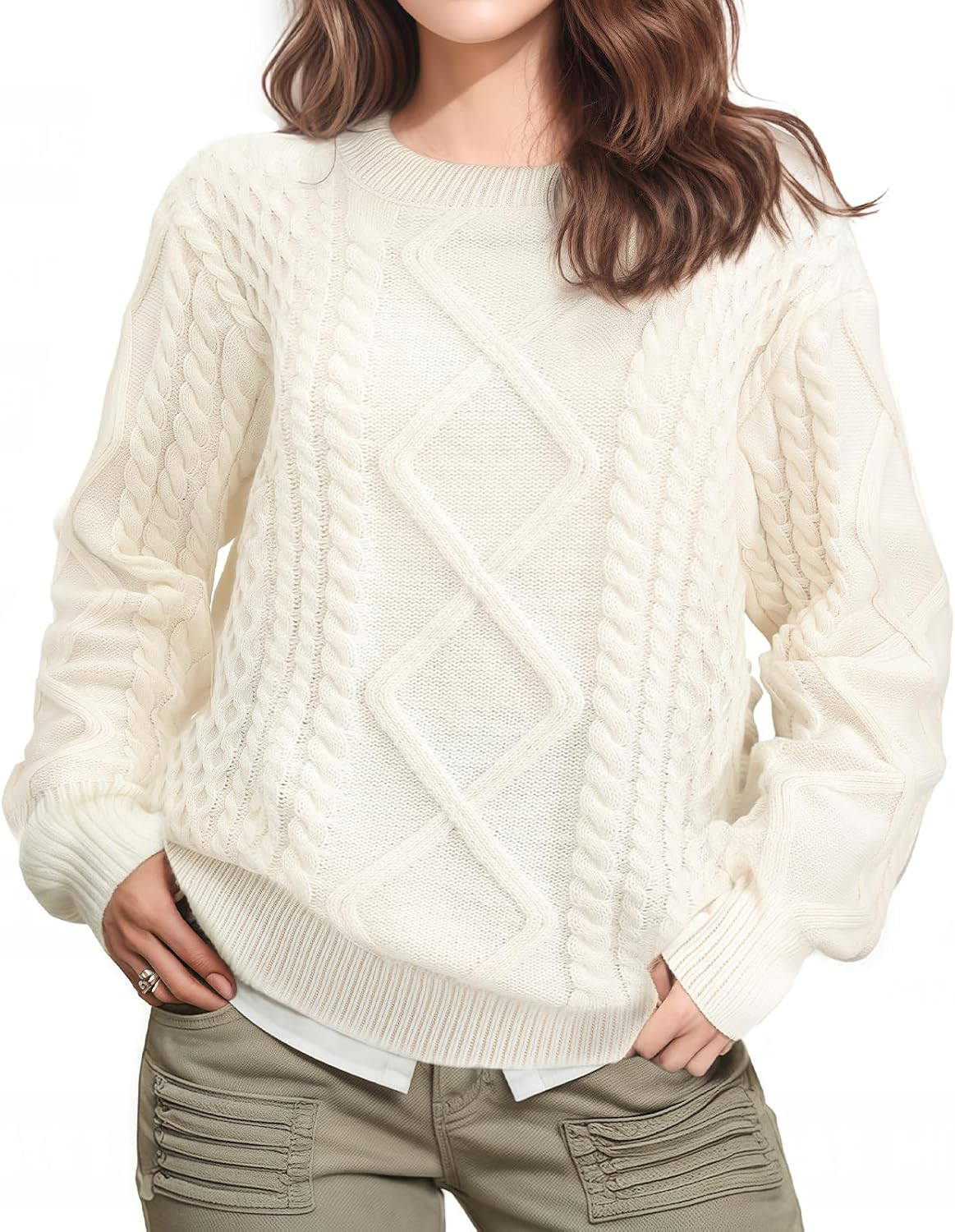 Pleneal Women Sweater Vintage Pullover Cable Knit Sweater Unisex Woven Crewneck Knitted Tops Beige | Amazon (US)