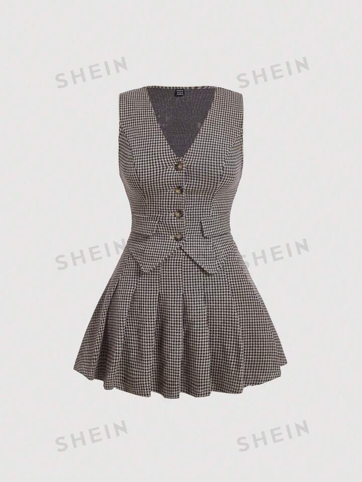 SHEIN MOD Houndstooth Print Button Front Vest Blazer & Pleated Skirt | SHEIN
