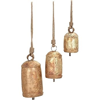Deco 79 Metal Cylinder Decorative Cow Bell with Jute Hanging Rope, Set of 3 5", 4", 3"H, Gold | Amazon (US)