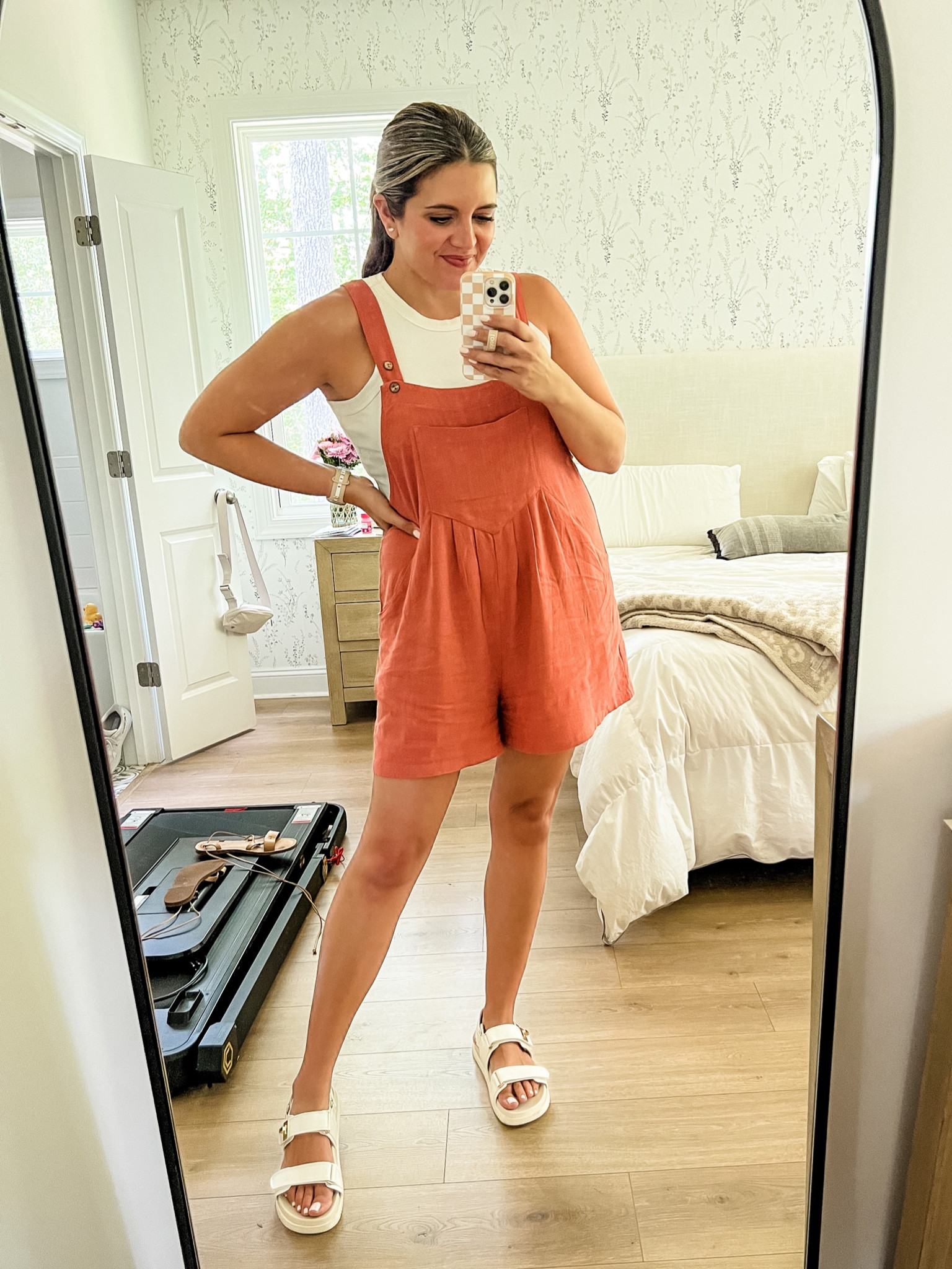 Todays outfit. Wide leg overalls. Short overalls. Shortalls. Free people dupe. Free people look for less. Fit tts. In color rust. Tank fits tts. Sandals fit tts. 

#LTKsalealert #LTKunder100 #LTKunder50