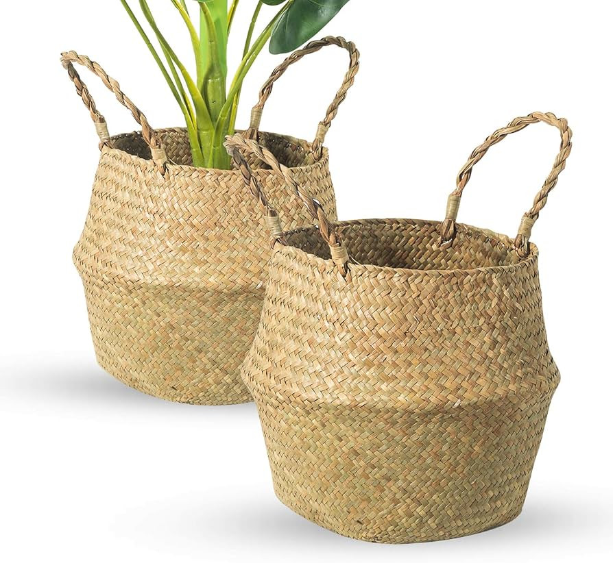 Seagrass Belly Basket, Set of 2 Woven Plant Pot Holder handmade Home Decor for Storage Plants Pic... | Amazon (US)