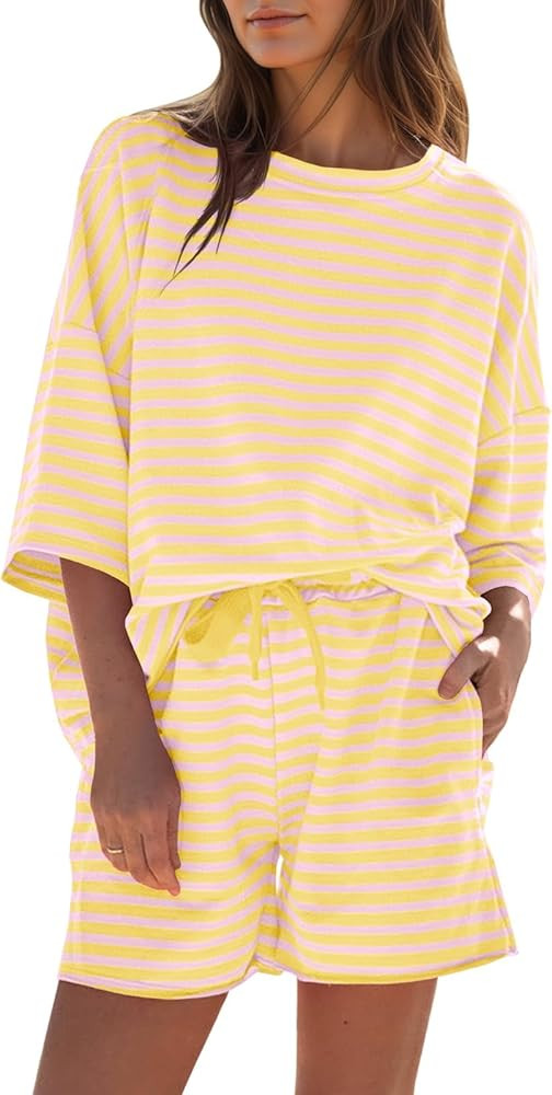 Fisoew Womens Striped 2 Piece Outfits Sweatsuits 3/4 Sleeve Oversized Tops High Waisted Shorts Ca... | Amazon (US)