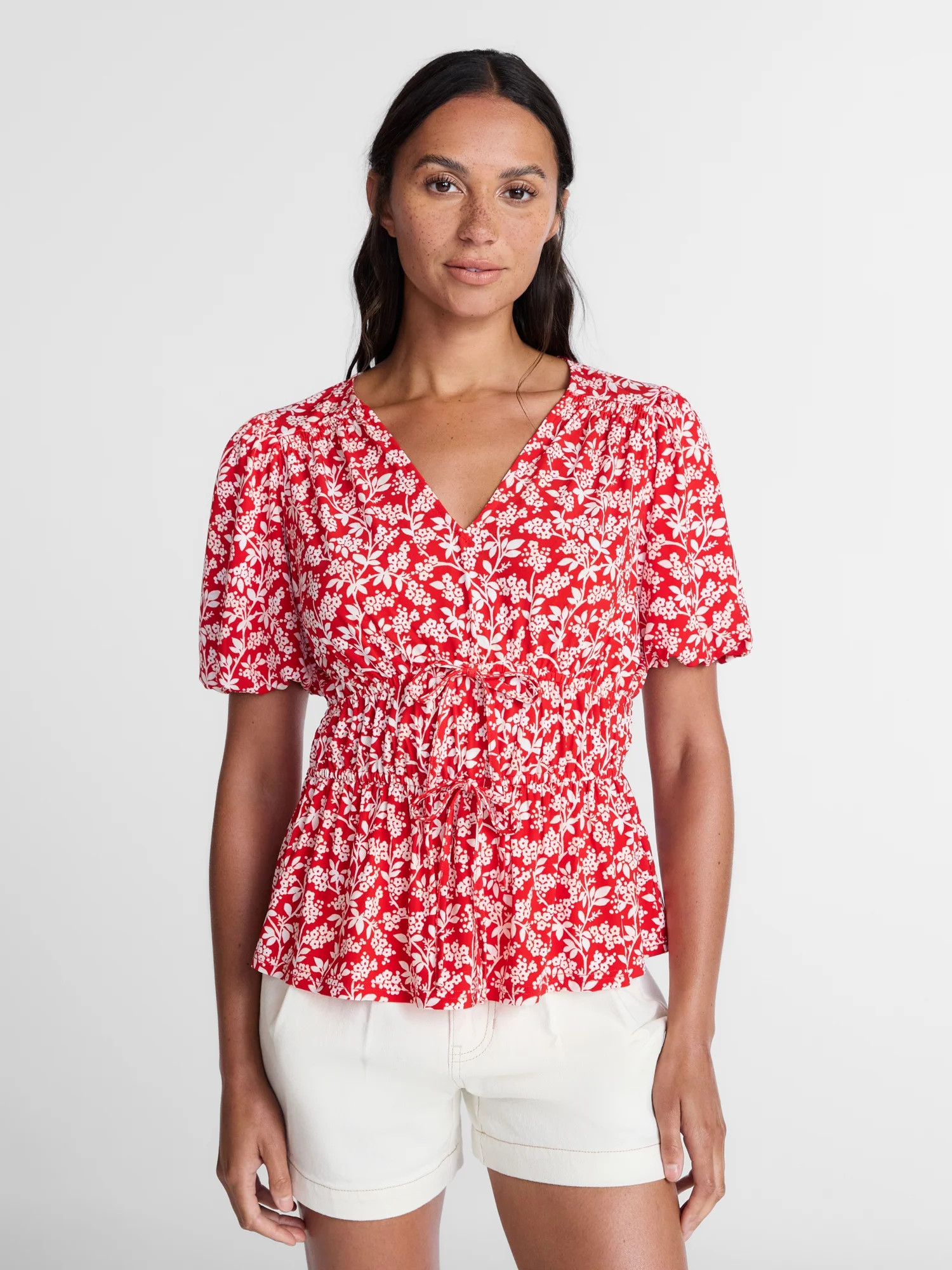 Time and Tru Women's and Women's Plus V-Neck Shirred Peplum Top, Sizes XS-XXXL | Walmart (US)