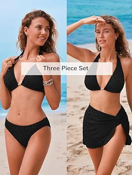 CUPSHE Women's Bikini Sets V Neck Textured Halter Three Piece Swimsuit | Amazon (US)
